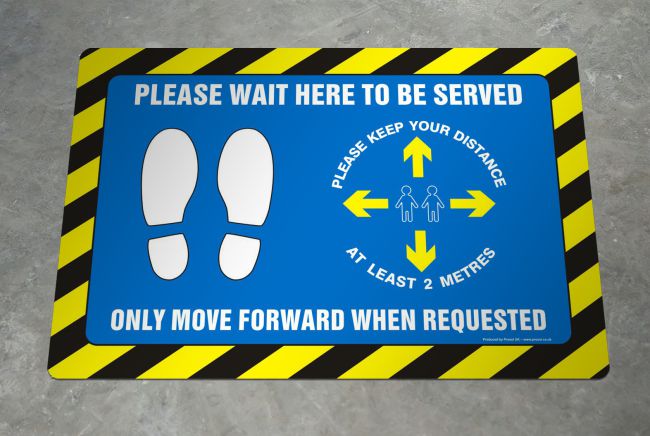 COVID-19 Please Wait Here Large Floor Decal – 60 x 40cm. LARGE Floor Decal – Please Wait Here – 60 x 40cm – EXTERIOR GRADE
