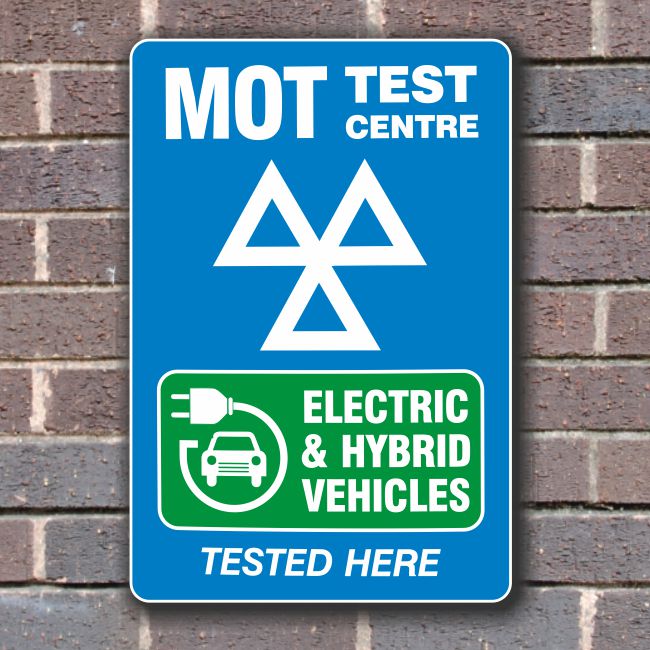Sign Panels for Wall Mounting – MOT Test Centre – Electric & Hybrid Vehicles Tested Here Sign Panels for Wall Mounting – MOT Test Centre – Electric & Hybrid Vehicles Tested Here